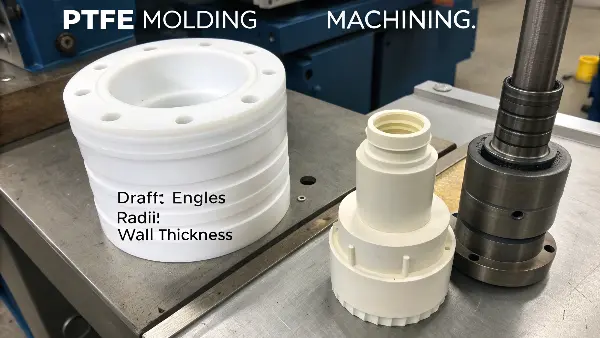 Comparison image: Molded PTFE part vs. Machined PTFE rod