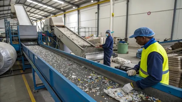 Plastic flakes being washed in an industrial facility
