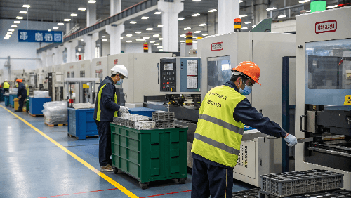 Image of a worker operating an injection molding machine