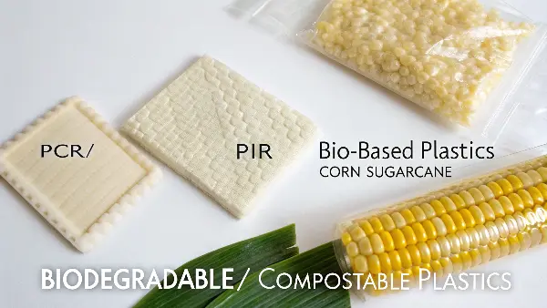 Various sustainable plastic items: recycled bottle, PLA cup, bio-based container