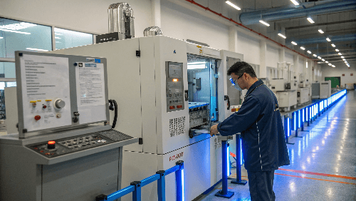 Technician Adjusting Injection Molding Machine Parameters