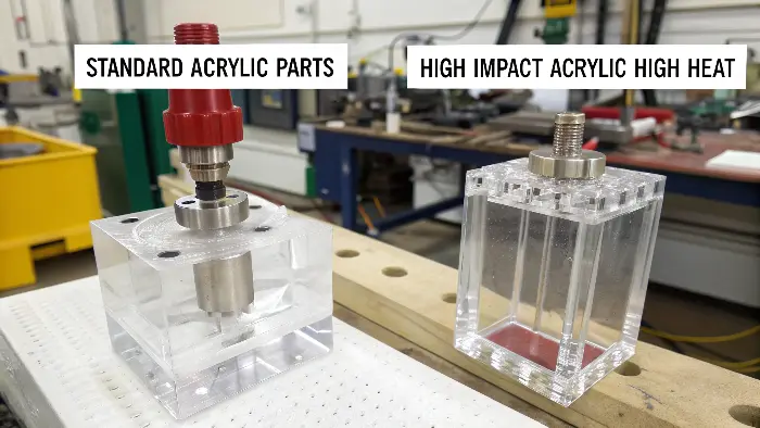 A cracked standard acrylic part next to an intact high-impact acrylic part after a stress test