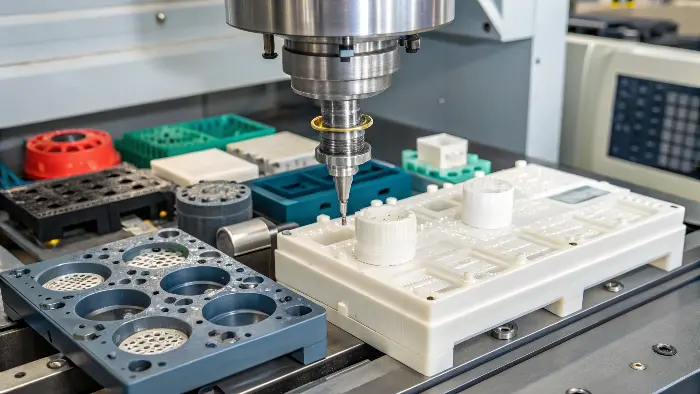 Collage of complex injection molded parts with fine details