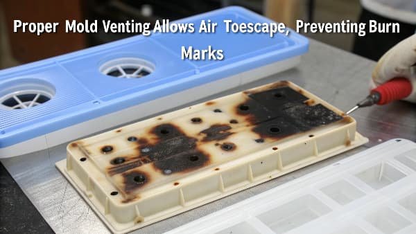 Close-up of a burn mark defect on a plastic part