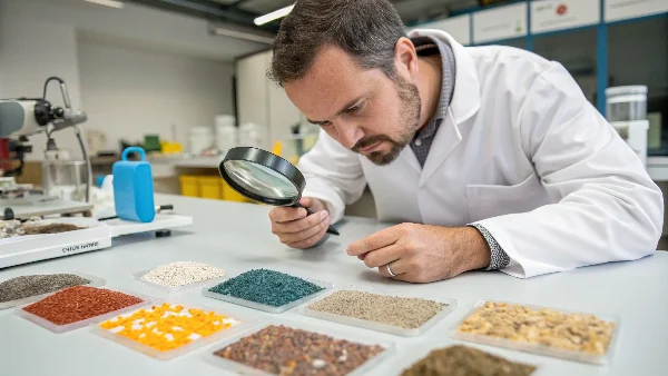 Engineer carefully examining a complex part and material datasheets