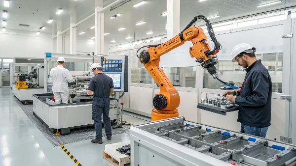 Image of a robotic arm carefully removing a molded part from an injection molding machine