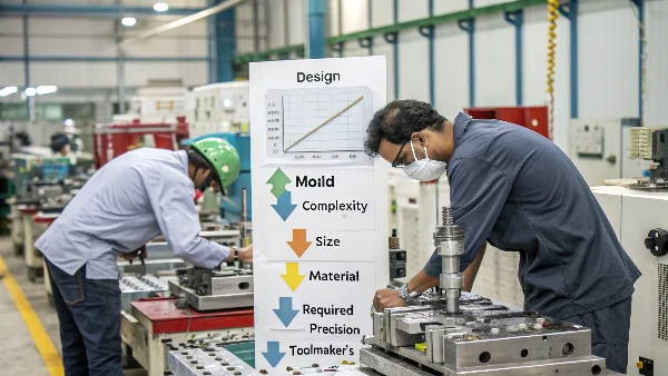 A complex injection mold being assembled in a workshop