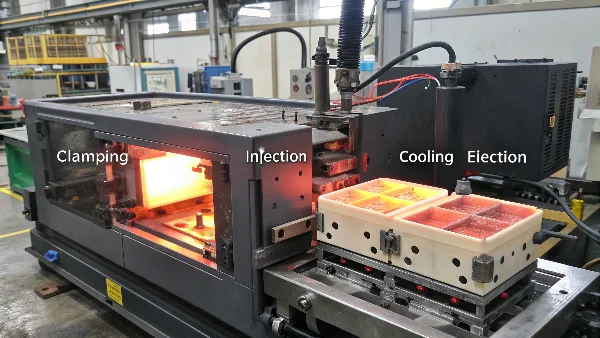 Diagram illustrating the 4 stages: Clamping, Injection, Cooling, Ejection