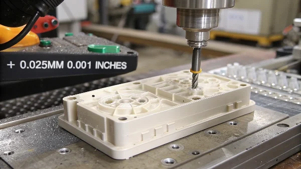 Close-up of a caliper measuring a precision molded plastic part with tight tolerances