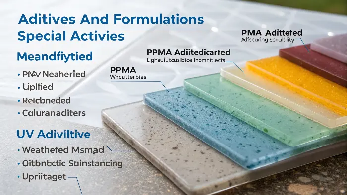 Microscopic view of PMMA with additives or pellets of different colored PMMA