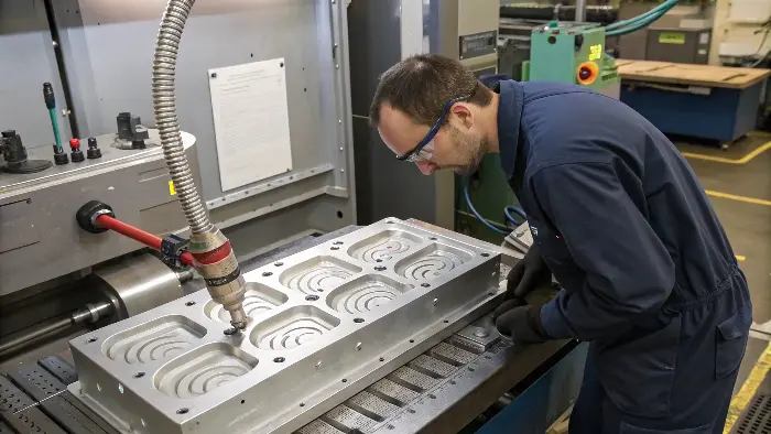 Mold with visible cooling channels and coolant lines