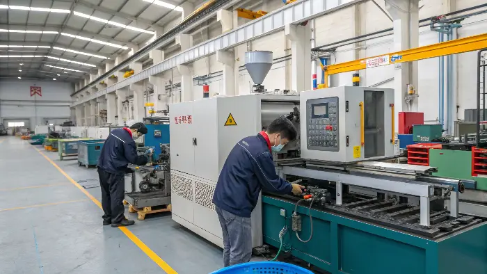 Engineer monitoring injection molding machine parameters
