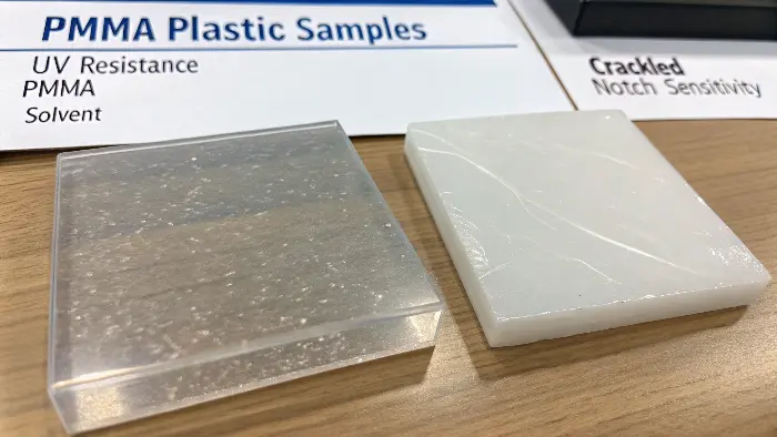 Cracked PMMA plastic showing brittleness