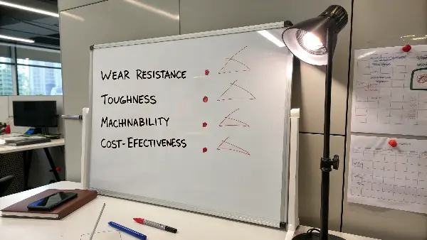 Diagram balancing four key steel properties: Wear, Toughness, Machinability, Cost