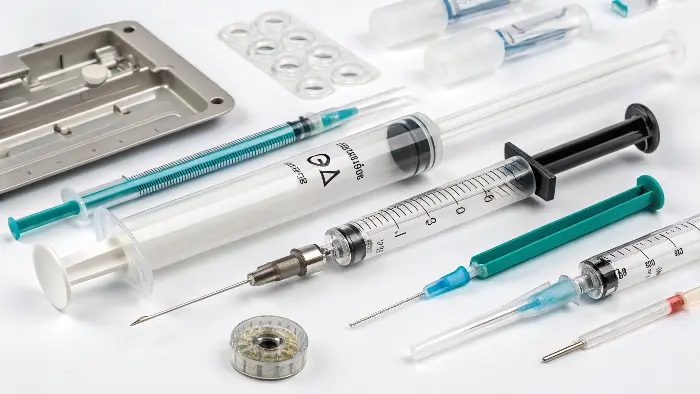 Medical injection molded parts like syringes and device casings