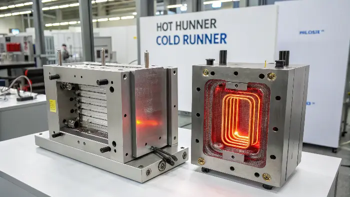 A side-by-side comparison of a hot runner manifold and a cold runner sprue
