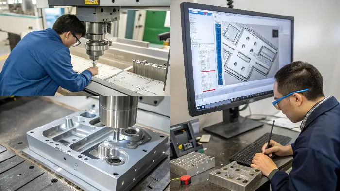 CNC Machining of a Mold Core A CNC machine cutting a steel block for a plastic injection mold