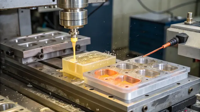 Injection Molding Process in Action An injection molding machine with a mold installed, ejecting a finished plastic part