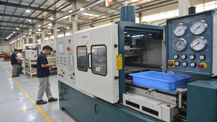 Technician adjusting injection molding machine settings