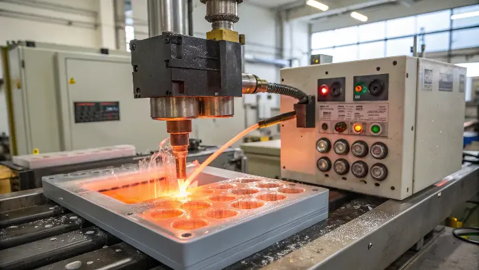 An engineer's hands adjusting the control panel of an injection molding machine.