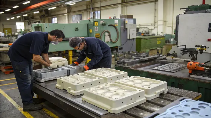 A CNC machine cutting a steel block for a plastic injection mold