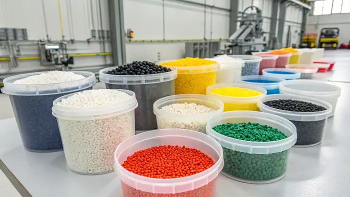 Various types of masterbatch pellets in different colors and forms