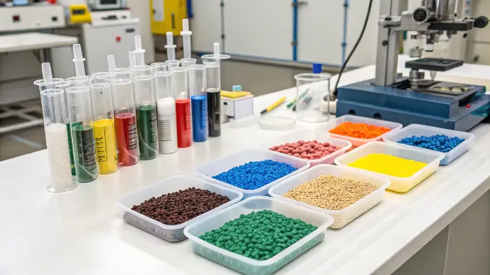 A hand holding various color masterbatch pellets against a backdrop of injection molded parts