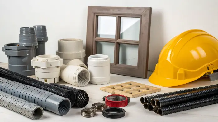 Construction injection molded parts like pipe fittings and safety helmets