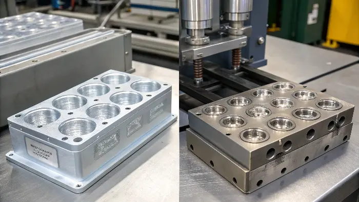 A side-by-side comparison of a single-cavity and a multi-cavity mold.