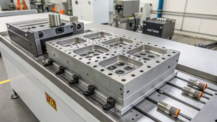 A complex high-cavitation mold with multiple sliders visible on the mold base.