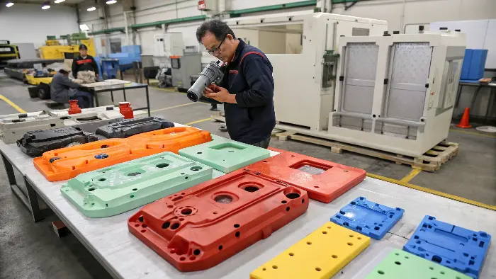 Technician inspecting an injection molded part for color defects