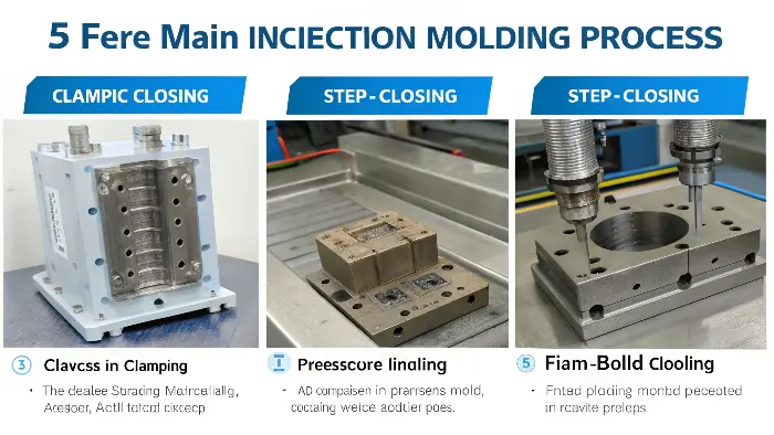 Diagram illustrating the 5 steps of the injection molding process