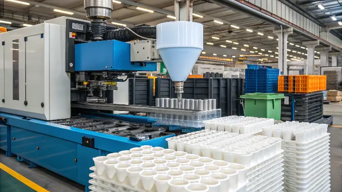 An assembly line with a robotic arm pulling finished plastic parts from an injection molding machine.