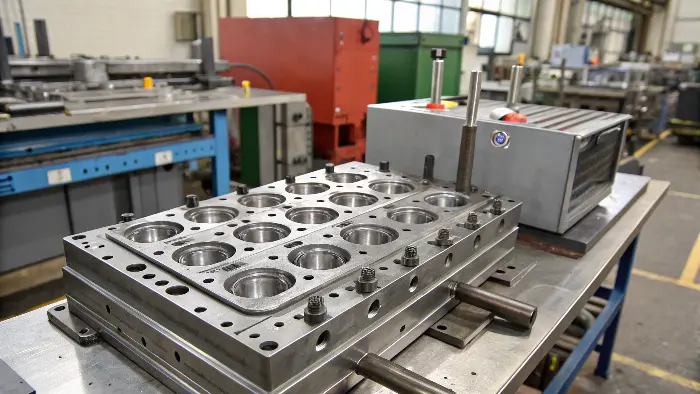 A technician carefully servicing a complex hot runner manifold system