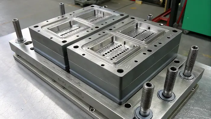 A CAD design of a complex injection mold with cooling channels highlighted