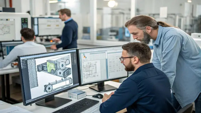 A mold designer collaborating with a toolmaker in a workshop