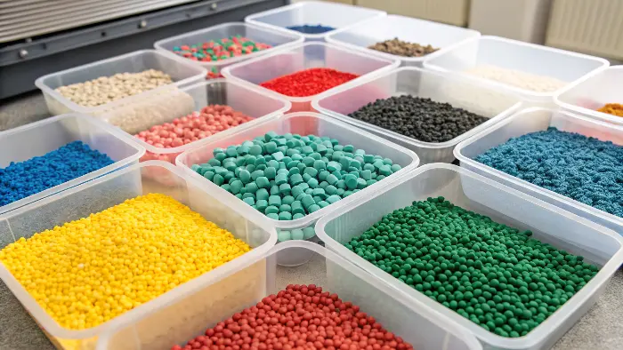 Close-up of masterbatch pellets being mixed with raw polymer resin