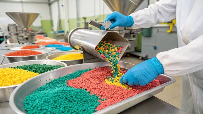 Close-up of masterbatch pellets being mixed with raw polymer