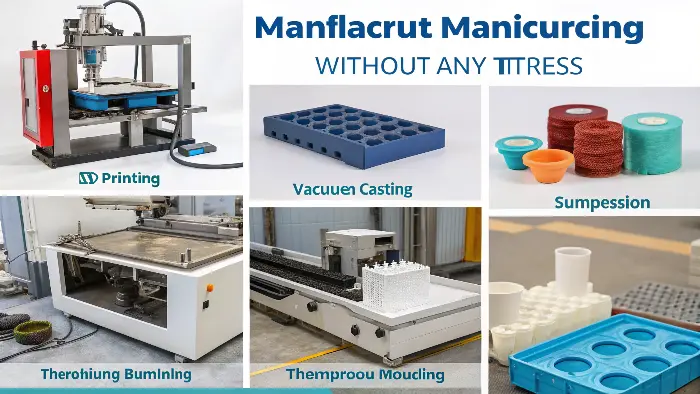 A collage of different manufacturing processes like 3D printing, extrusion, and thermoforming