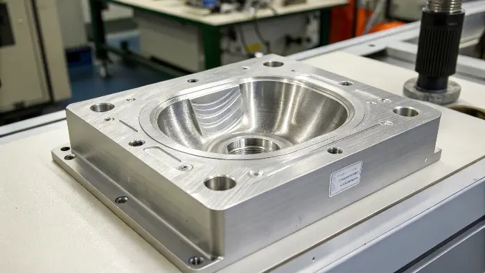 A close-up shot of a polished mold cavity.