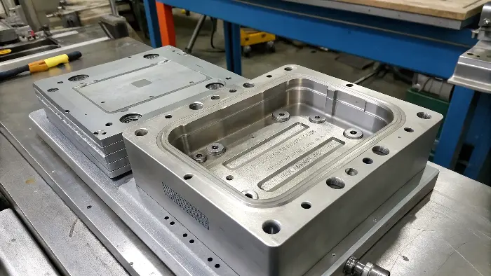 An injection molding machine with a single-cavity mold installed.