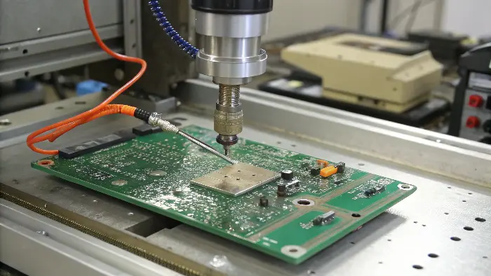 An animation showing the gentle flow of low pressure molding material around a circuit board