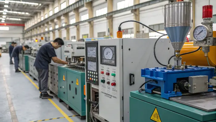 Technician adjusting settings on an injection molding machine