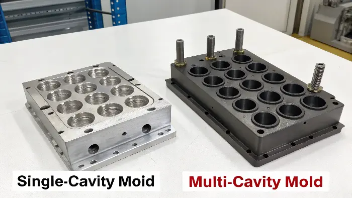A diagram showing the difference in output between single and multi-cavity molds.