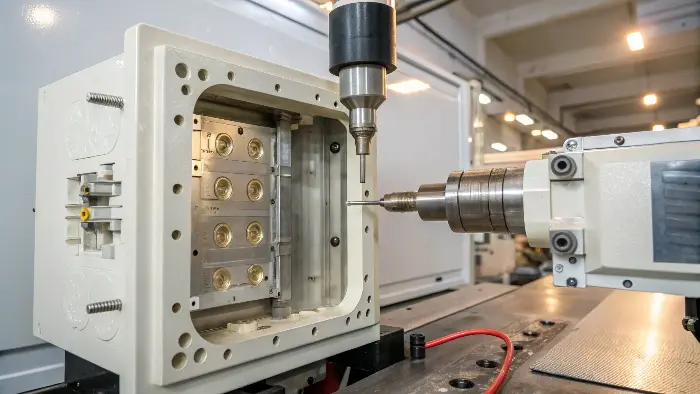 Close-up of molten plastic being processed by screw
