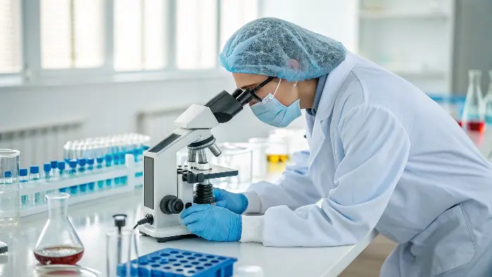 A lab technician examining a medical device under a microscope.