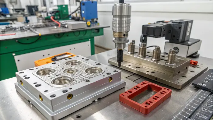 A CAD drawing of a complex plastic part highlighting features like undercuts and ribs.