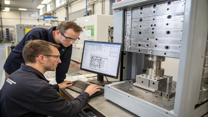 Mold Design in CAD Software A detailed CAD design of a plastic injection mold on a computer screen