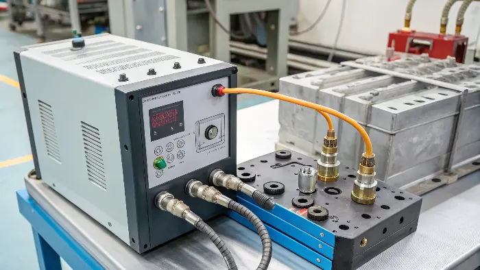 Mold temperature controller unit connected to an injection mold