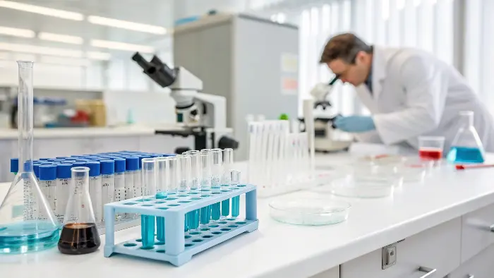 A quality control inspector checking the formulation of plastic resins in a cleanroom environment.